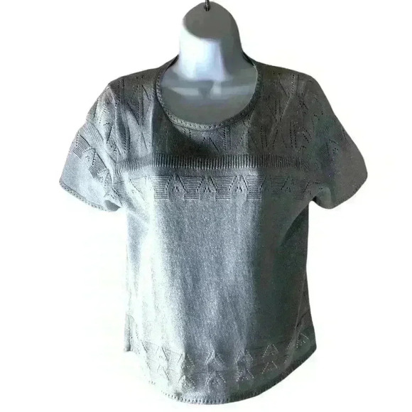 Alfred Dunner Vintage Metallic Grey Short Sleeve Sweater Top Size Petite Medium - Picture 3 of 6